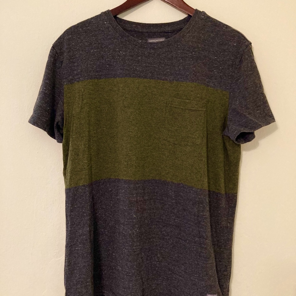 American Eagle Green Color Block Pocket Shirt
